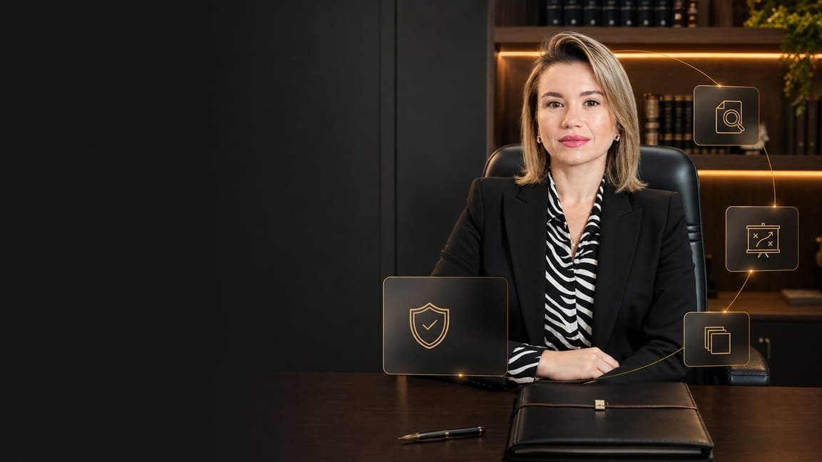 Thaís Grothe Ostapiuk, advogada, em ambiente de escritório jurídico.